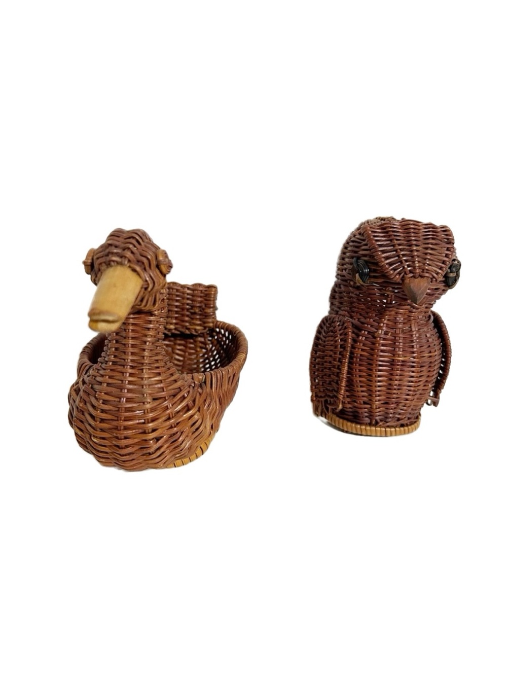 Vintage Unbranded Woven Wicker Rattan Owl and Duck Basket Mini Planter Decor Set